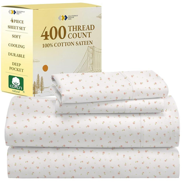 California Design Den Full Sheet Set Floral - 400 Thread Count 100% Cotton Sateen Full Bed Sheets, Deep Pocket Sheets & Pillowcase Set - Soft Floral