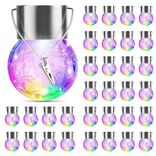 32 Pack Hanging Solar Lights Outdoor Decorative, Waterproof Solar Globe Lantern with Handle and Clip, Solar Powered Cracked Glass Ball Lights for Garden Yard Patio, Fence Tree Umbrella, Holiday Décor