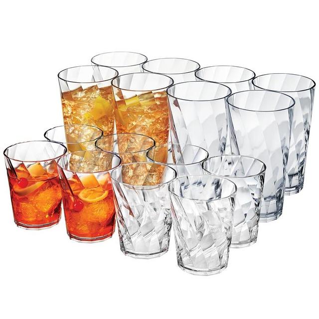 US Acrylic Optix Plastic Reusable Drinking Glasses (Set of 16) 14oz Rocks & 20oz Water Cups in Clear | BPA-Free Tumblers, Made in USA | Top-Rack Dishwasher Safe