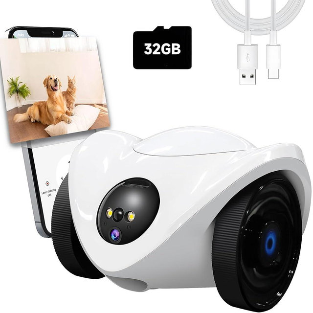 Pet Camera Treat Dispenser, Movable Pet Robot Cam with Phone App, 1080P Indoor Security Camera for Dog/Cat/Home Monitoring+32G SD Card, 2-Way Talk, Night Vision, Motion Detection (2.4GHz WIFI Only)