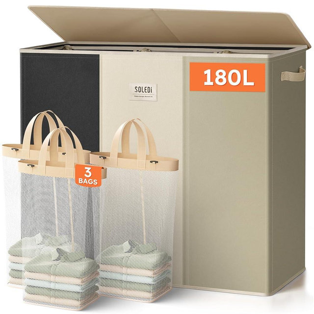 SOLEDI 180L 3-Section Laundry Hamper with Lid, Extra Large Dirty Clothes Basket with Sturdy Handles for Laundry Room & Bedroom - Durable Organizer for Sorting Laundry