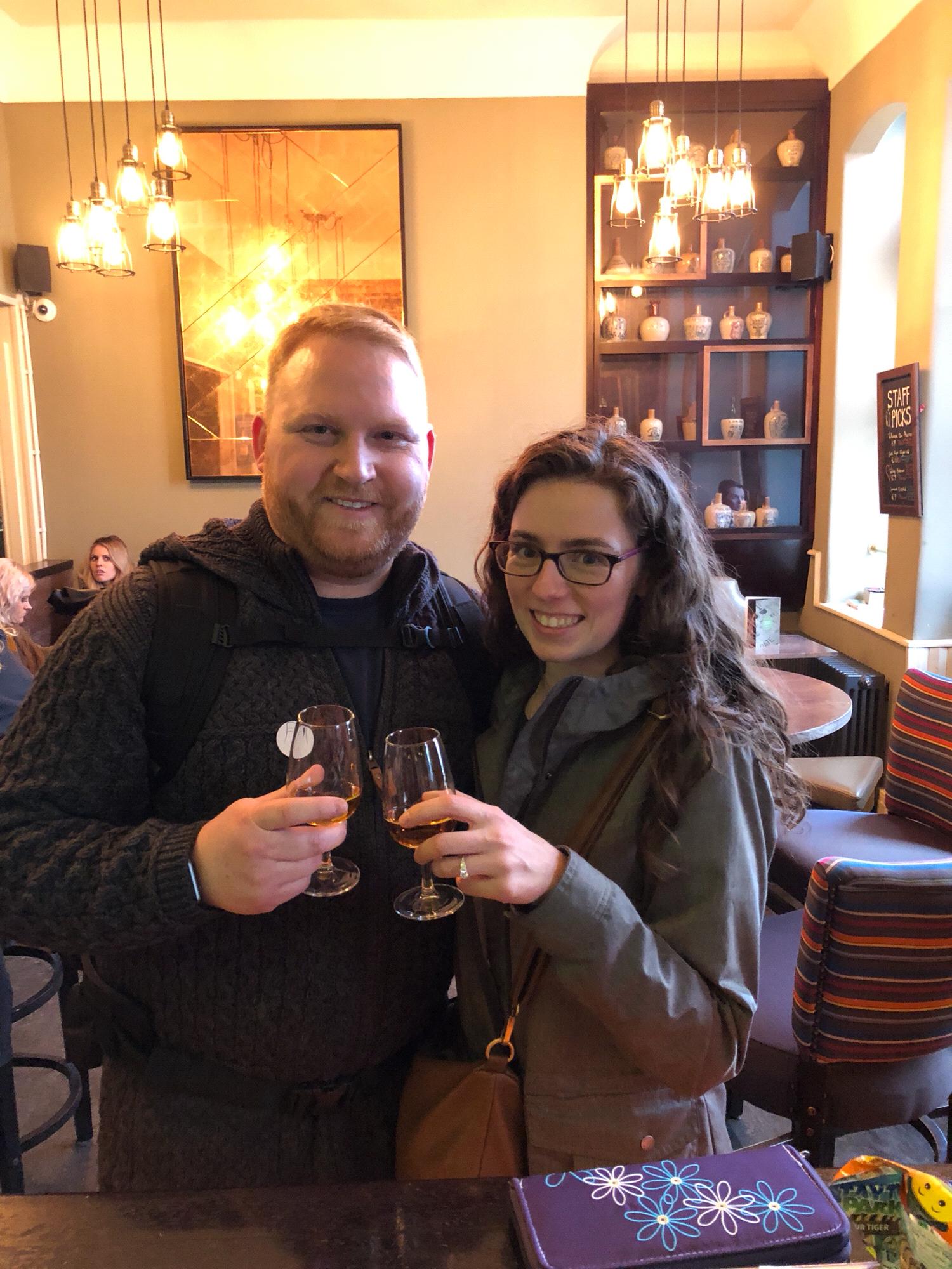 This was taken at the Irish Whiskey Museum in Dublin about a half hour after Ben proposed!