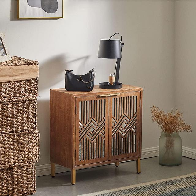COZAYH Full-Assembled 2 Door Accent Cabinet Modern Mirror Fronts Clean-Lined Silhouette, Natural