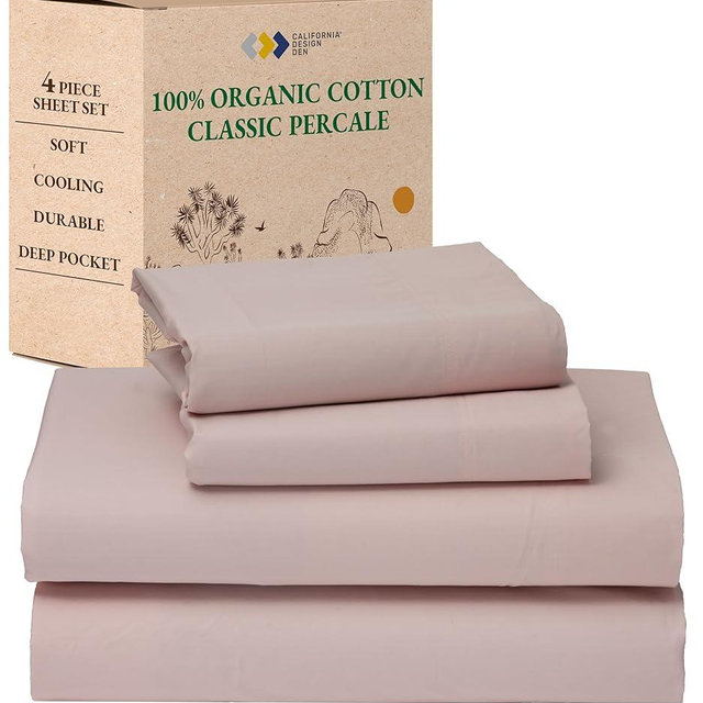 California Design Den 100% Organic Cotton Sheets King Size Deep Pocket Set - Soft and Crisp Percale King Sheet Set, Cooling and Durable Bedding - Pink