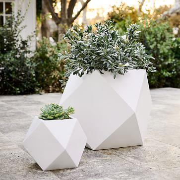 Faceted Modern Indoor/Outdoor Fiberstone Planters - White Small