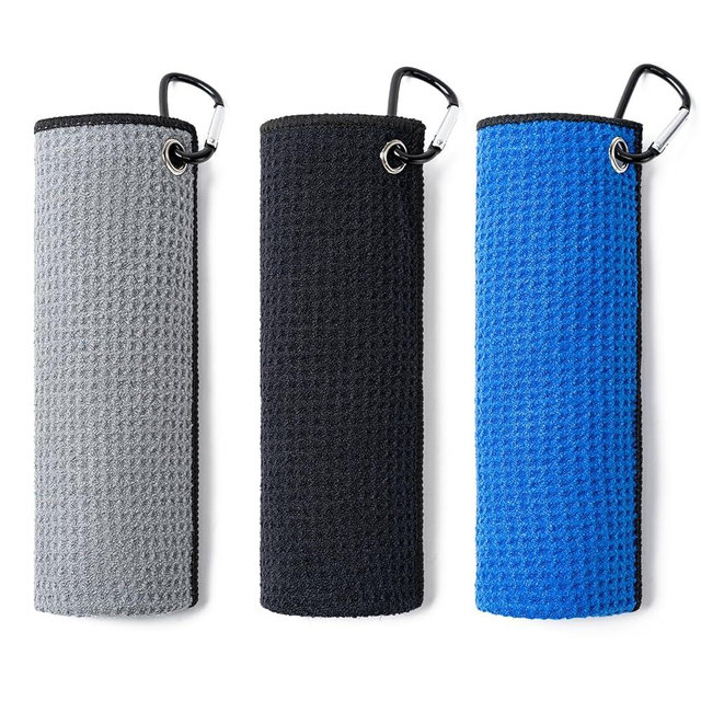 Husfunov 3 Pack Golf Towels(16" X 16") with Carabiner Clip,Microfiber Fabric Waffle Pattern Towels for Golf Bags,Tri-Fold Portable Towels for Men Women,Blue/Black/Gray