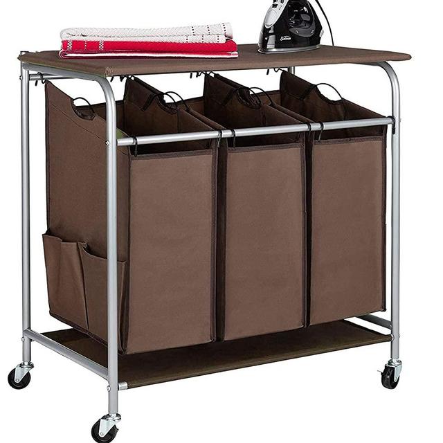 JINAMART Heavy Duty Rolling Laundry Hamper cart with Ironing board top & Wheels, 3 Section Removable Bag Sorter Basket with 4 side pockets, Laundry Organization Bins for Bedroom & Bathroom, Brown