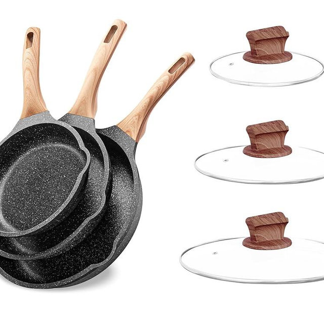 YIIFEEO Non Stick Frying Pan Set with Lids, Granite Skillet Set, Egg Omelette Pans for Cooking Pan Set, No Toxic Kitchen Cookware Set Compatible with All Stovetops (Gas & Induction), PFOA Free, Gift
