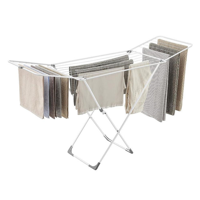 SONGMICS Clothes Drying Rack, Metal Laundry Drying Rack, Foldable, Space-Saving, Free-Standing Airer, with Gullwings, Indoor Outdoor Use, Bed Linen Clothing, White ULLR540W01