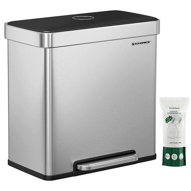 SONGMICS Kitchen Trash Can, 16 Gallon (2 x 8 Gallon) Dual Compartment Garbage Can, 60L Pedal Recycling Bin, Stay-Open Lid and Soft Closure, Stainless Steel, 15 Trash Bags Included, Silver