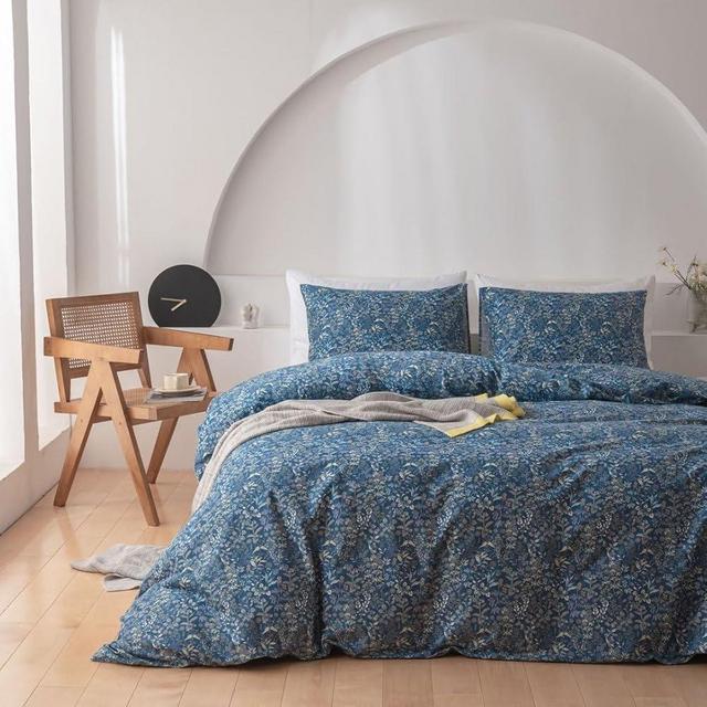 AMWAN Blue Floral Duvet Cover King Soft Cotton Flower Pattern Blue Duvet Cover Garden Style Botanical Floral Bedding Sets 1 Duvet Cover with 2 Pillowcases Vintage Floral Duvet Comforter Cover King