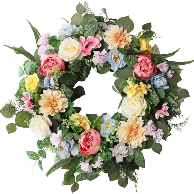 Ecerangus 24Inch Multicolor Spring Summer Wreaths for Front Door, Hydrangea Wreath, Large Door Wreaths for Home Decor