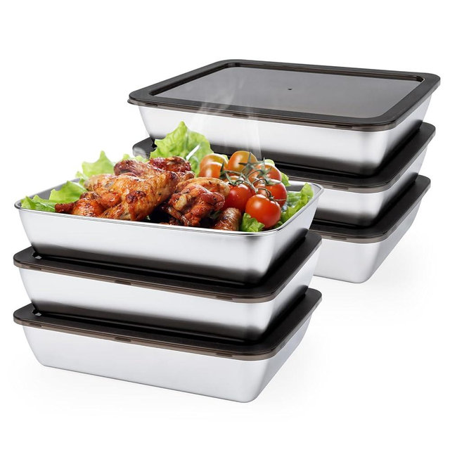 6 PCS Stainless Steel Food Storage Containers with lids,2.16 Inch Deep, 8x10 Inch Stainless Steel Oven plate, Metal Roasting Pan for Meal Prep、Meat, Rustproof & Heavy, Freezer & Dishwasher Safe