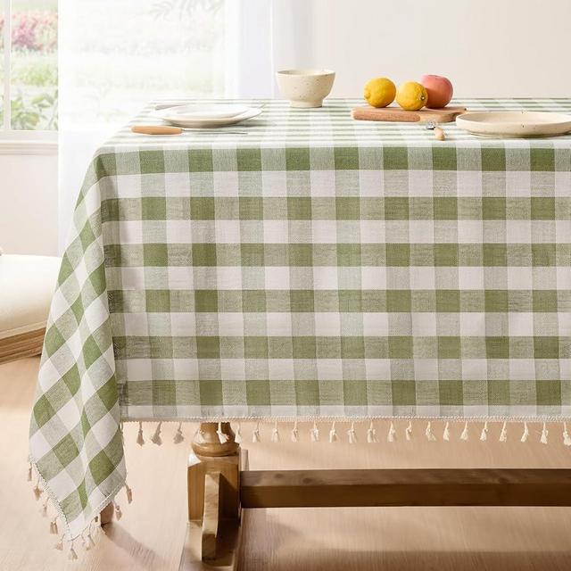 Softalker Checkered Tablecloth Rectangle, Heavy Weight Linen Cotton Gingham Boho Table Cloth with Tassel, Washable Wrinkle Free Buffalo Plaid Table Cover for Dining/Party/Outdoor - 55 x 84 Inch, Sage
