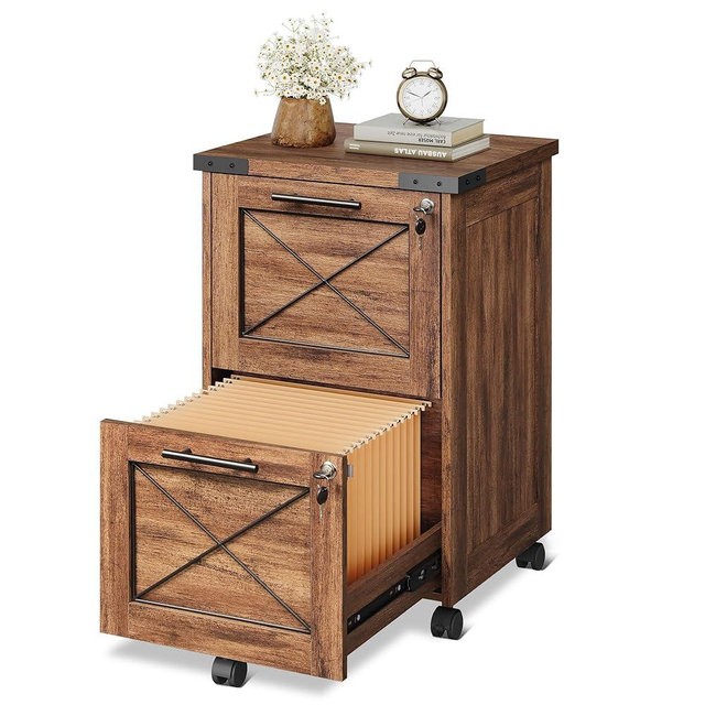 DEVAISE 2 Drawer File Cabinet with Hanging Files, Mobile Rolling Storage Cabinet for Home Office, Under Desk Filing Cabinet with Lock, Printer Stand, Oak