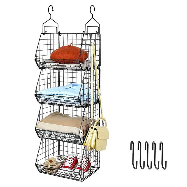 X-cosrack 4 Tier Foldable Closet Organizer, Clothes Shelves with 5 S Hooks, Wall Mount&Cabinet Wire Storage Basket Bins, for Clothing Sweaters Shoes Handbags Clutches Accessories Patent Pending