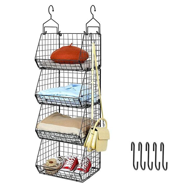  5 Tier Closet Hanging Organizer, Clothes Hanging Shelves with 4  Hanging Hooks 5 S Hooks, Wire Storage Basket Bins, for Clothing Sweaters  Shoes Handbags Clutches Accessories Patent Design-White : Home & Kitchen