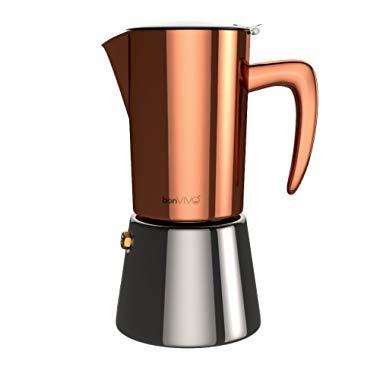 bonVIVO Intenca Stovetop Espresso Maker, Italian Espresso Coffee Maker, Stainless Steel Espresso Maker Machine For Full Bodied Coffee, Espresso Pot For 5-6 Cups, 11.8oz Moka Pot Copper Chrome Finish