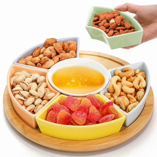 Eorbow 11'' Lazy Susan Serving Tray, Ceramic Appetizer Divided Dishes, Removable Relish Dishes with 360° Silent Rotating Platter, 6 pcs Snack Bowls for Chip Dip Veggies Candy Nut Condiment Party