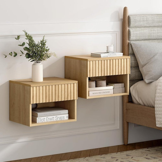 EYYTHUNG Small Floating Nightstand Set of 2, Modern Fluted Night Stand with Drawer and Open Storage Shelf Wall Mounted Bedside Tables Natural Oak