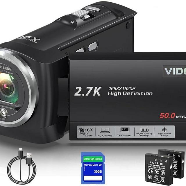 Muitune Camcorder Video Camera QHD 2.7K 50MP 16X Digital Zoom Vlogging Camera with LED Fill Light for YouTube, 2.8 Inch 270 Degree Rotation LCD Screen Camcorder with 32GB SD Card and Two Batteries