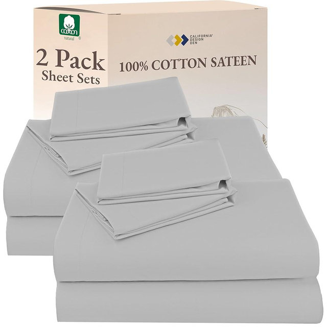 California Design Den 100% Cotton 2-Pack Queen Size Sheet Set - Soft & Durable Sateen, Deep Pocket Queen Sheets (Light Grey)