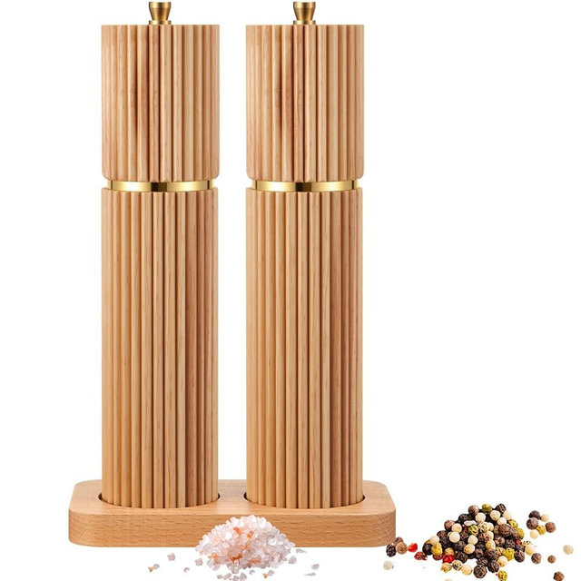LOYIM Wooden Salt and Pepper Grinder Set 8" Refillable Wooden Manual Salt and Pepper Mill Set with Adjustable Coarse Settings Rust Resistant Smooth Quality Grinding Mechanism(Fluted,Wood)