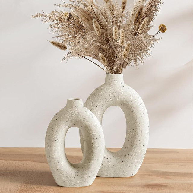 LE TAUCI Ceramic Vases Set of 2, 10.5” & 8.5” Hollow Donut Flower Vases, Nordic Decor Decorative Centerpiece for Living Room, Entry Table, Shelf, Mantel, Ivory Speckled (Beige White)