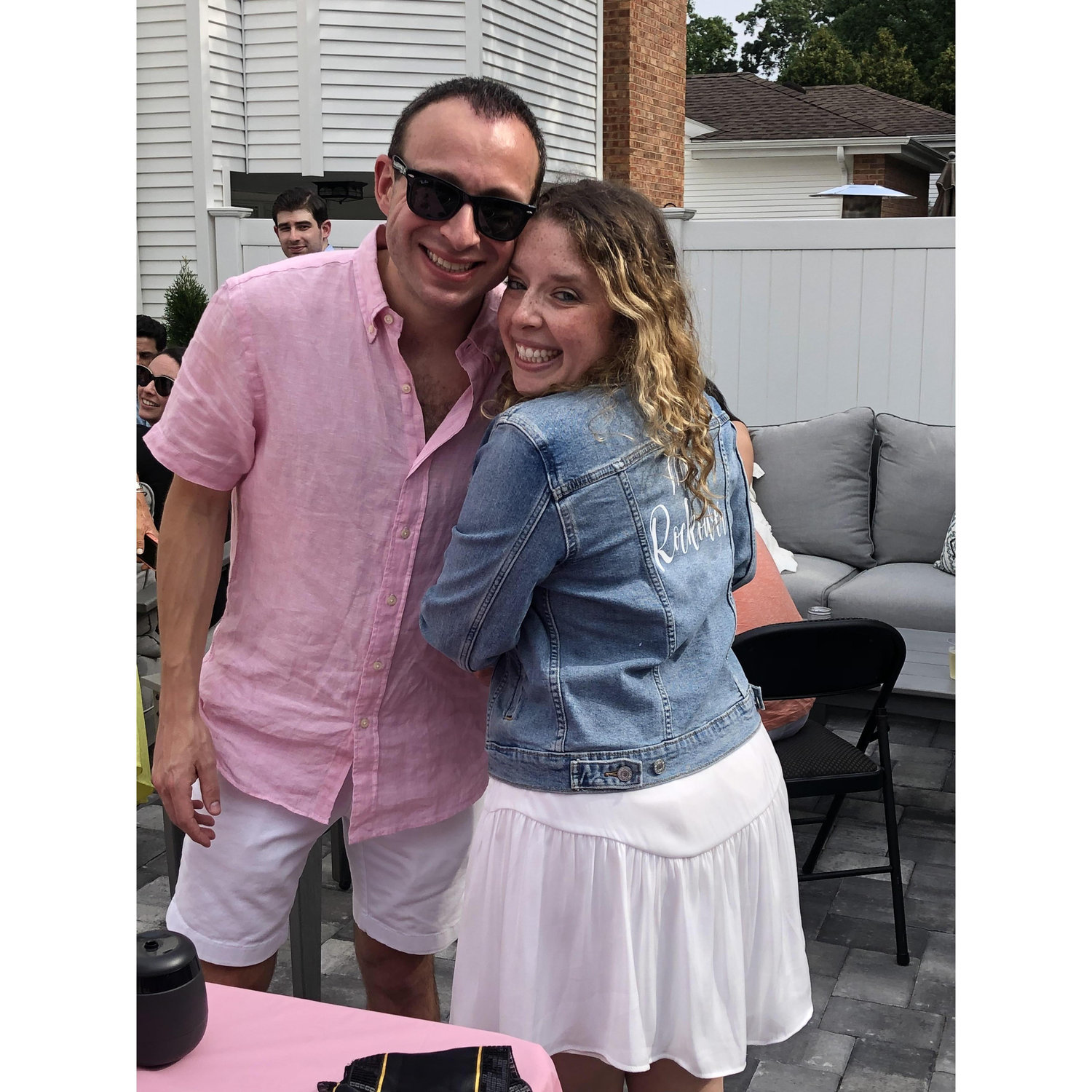 At their engagement with Tara's new "Mrs. Rockower" jacket!