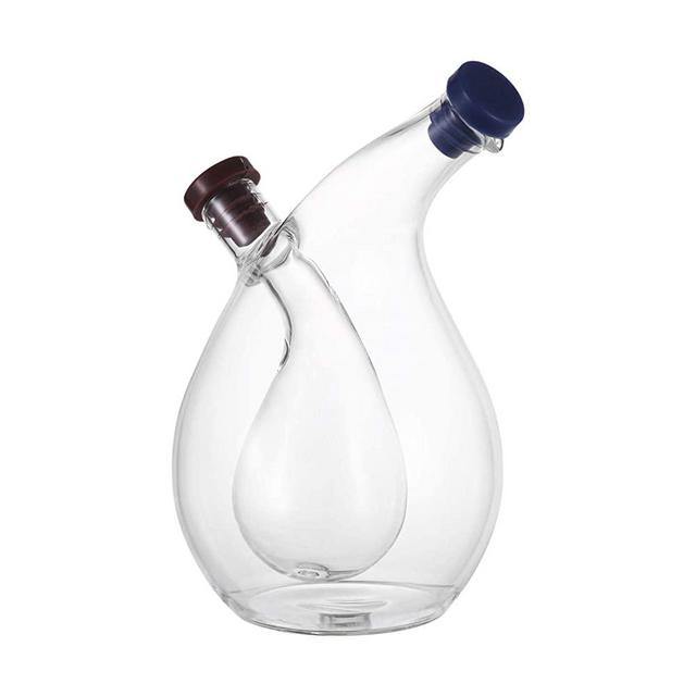 UPKOCH Clear Glass Olive Oil and Vinegar Dispenser Cruet Bottles Double Pourer Spout Stoppers for Cooking - 15.5 x 9.2 x 9.2cm (Round Shape)