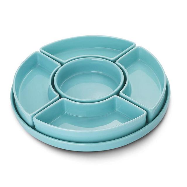 Sweese 707.102 Porcelain Divided Serving Dishes, Relish Tray, Serving Bowls for Parties - Perfect for Chips and Dip, Veggies, Candy and Snacks, Turquoise