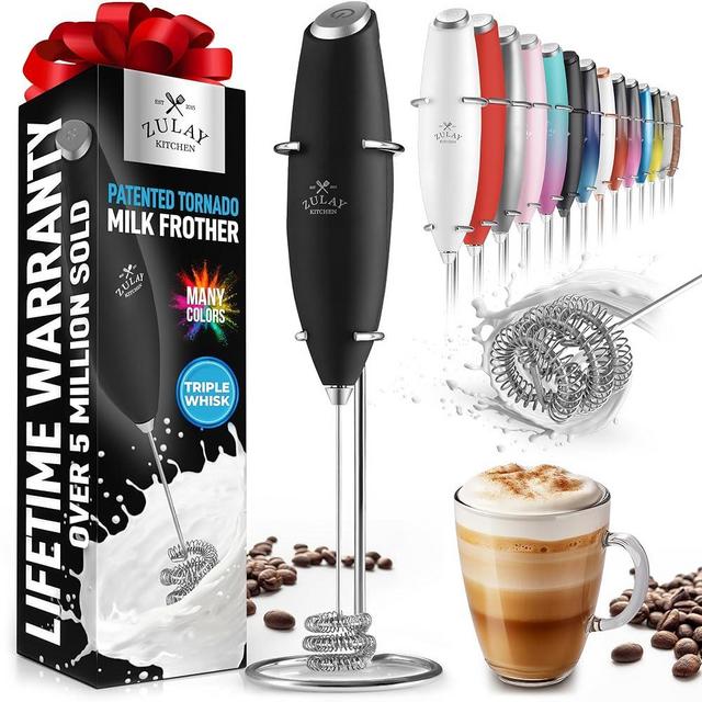 Zulay Kitchen Tornado Whisk Milk Frother Handheld - Coffee Frother Wand With Stand - Triple Whisk Hand Held Drink Mixer - Electric Stirrer Frothing Wand for Latte, Matcha, Protein Powder - (Black)