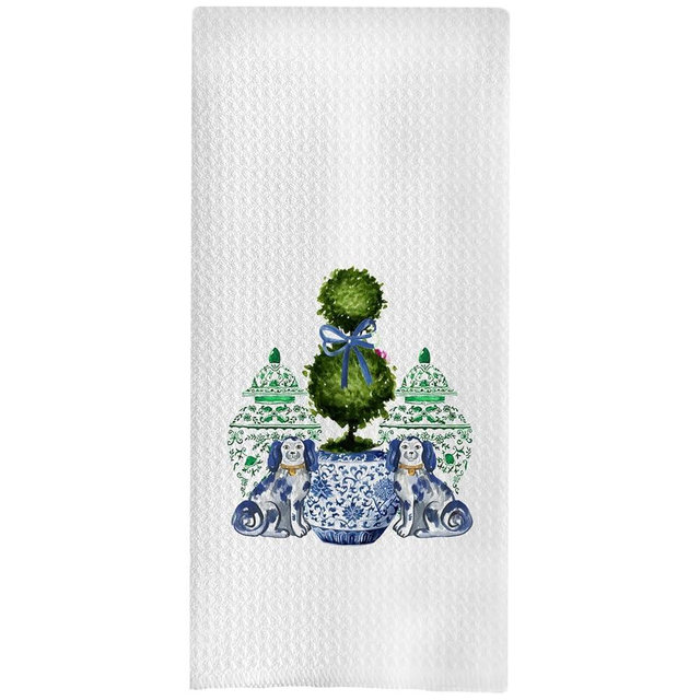BYRFIIEU Blue and White Chinoiserie Topiary Kitchen Towels, Grandmillennial Porcelain Staffordshire Dogs Dish Tea Towels for Kitchen Decor, Preppy Botanical Hand Towel for Bathroom, 16x24 Inch
