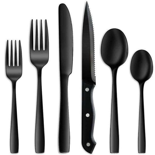 48 Pcs Black Silverware Set, NETANY Black Flatware Set, Food-Grade Stainless Steel Cutlery Set for 8, Tableware Eating Utensils, Mirror Finished, Dishwasher Safe