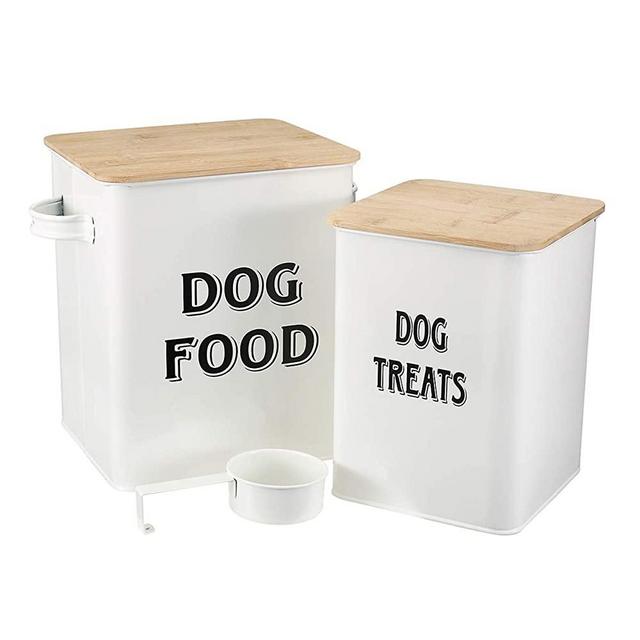 Pet Food and Treats Containers Set with Scoop for Cats or Dogs - Beige Powder -Tight Fitting Wood Lids - Coated Carbon Steel - Storage Canister Tins