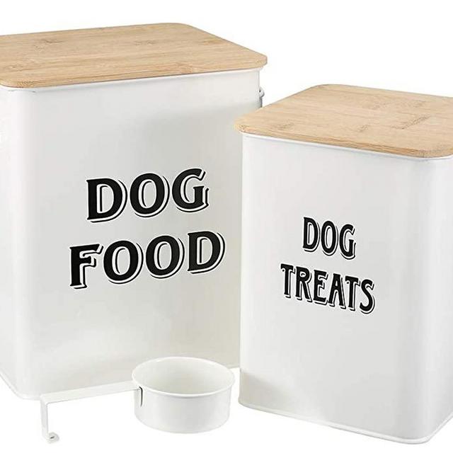 Pet Food and Treats Containers Set with Scoop for Cats or Dogs - Beige Powder -Tight Fitting Wood Lids - Coated Carbon Steel - Storage Canister Tins