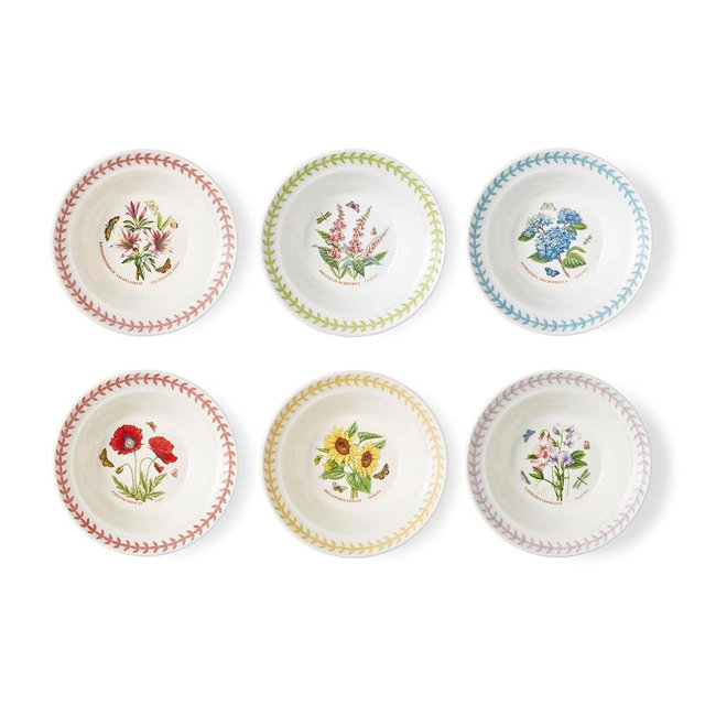 Portmerion Botanic Garden Meadow - 6.5" Round Oatmeal Bowl (Set of 6) | Assorted Florals with Colorful Laurel Leaf Border| Earthenware | Microwave & Dishwasher Safe | Home & Restaurant for Daily Use