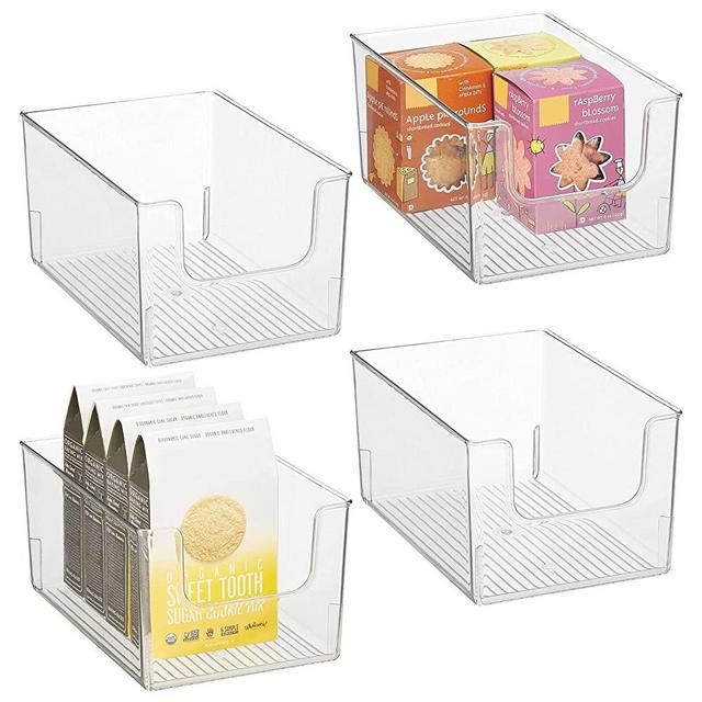mDesign Plastic Open Front Food Storage Bin for Kitchen Cabinet, Pantry, Shelf, Fridge/Freezer - Organizer for Fruit, Potatoes, Onions, Drinks, Snacks, Pasta - 8 Inch Wide - 4 Pack - Clear