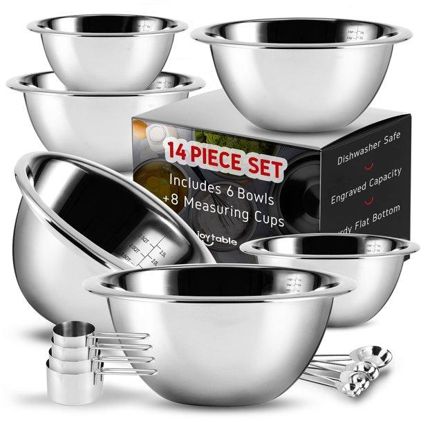 Joytable Stainless Steel Mixing Bowls Set, 14pc Nesting Mixing Bowls for Baking with Measuring Cup Set, Silver