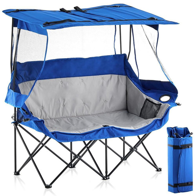 CLIPOP Double Camping Chair with Canopy, Portable Outdoor Folding Chair with Cup Holders, Side Pocket, Oversized Beach Chair with Canopy Shade for Lawn Patio Hiking, Blue