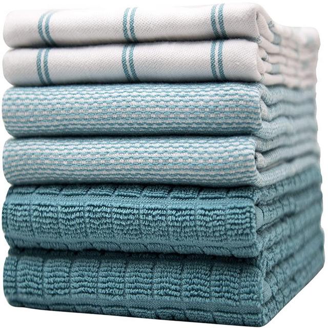 Premium Kitchen Towels (20”x 28”, 6 Pack) – Large Cotton Kitchen Hand Towels – Check Flat & Terry Towel – Highly Absorbent Tea Towels Set with Hanging Loop – Teal