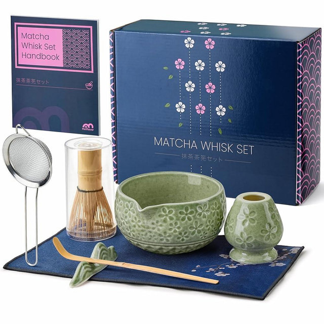 7Pcs Matcha Whisk Set, Ceramic Matcha Bowl with Spout, Bamboo Whisk and Holder,Bamboo Scoop,Scoop Rest,Sifter,Tea Towel,Matcha Kit with Cherry Blossom Carved Patterns for Valentine's Day(Sakura Green)