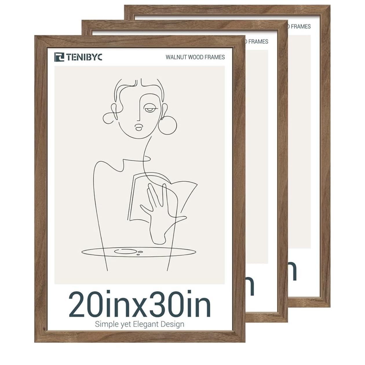 20x30 Walnut Poster Frame 3 Pack - Natural Brown, Solid Wood Picture Frame, Wall Gallery Frame