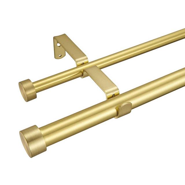 Double Curtain Rods for Windows,1-Inches Front and 3/4 Inches Back Metal Brass Window Curtain Rod,36-72 Inches Adjustable Drapery Rod with Premium Aluminum Finials