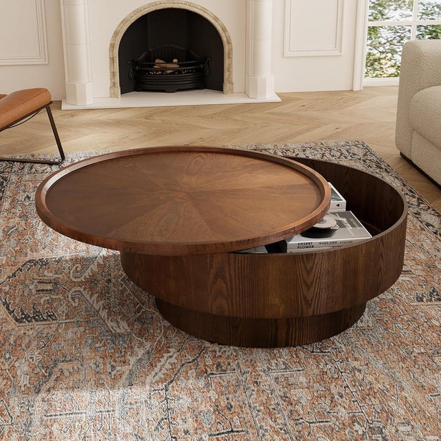 Round Coffee Table with Covert Storage Rustic Modern Circle Center Tables with Solid Wood Veneered for Living Room Bedroom Apartment (A)
