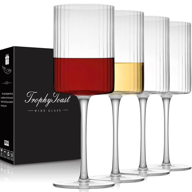 Ribbed Square Wine Glasses Set of 4 – 15oz Hand Blown Ribbed Design Wine Glasses, Unique Vintage Style Drinking Glasses, Red or White Glasses With Long Stem - For Christmas, Wedding, Birthday