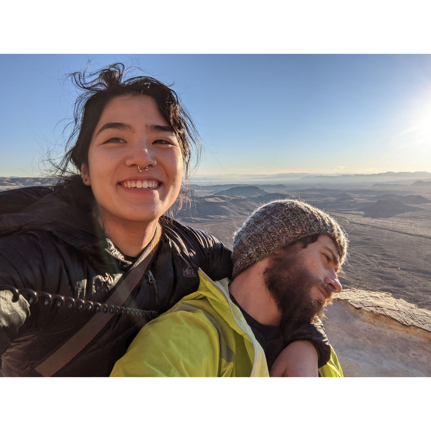 The morning after our first (unintentional) overnight bivy atop the mountain. We were cold, thirsty, and down to a handful of trail mix (we went halvsies on the chocolate-coated peanut).