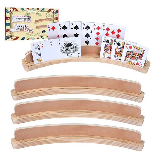GOTHINK Set of 4 - Cruved Playing Card Holder for Kids Adult Seniors 2 Slot Solid Wood Cards Holders for Playing Cards 14 x 1.6 x 1.8 Inch Non Slip Card Deck for Bridge Canasta Strategy Card Games