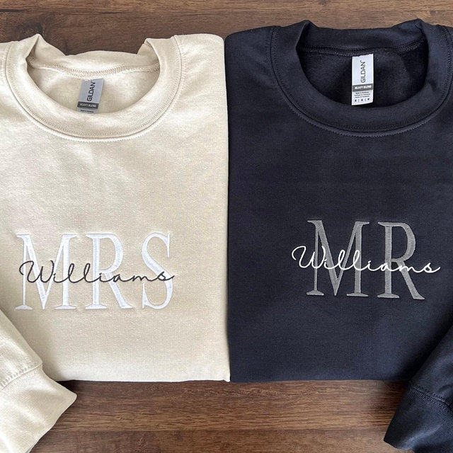 Custom Mrs. Embroidered Sweatshirt, Date On Sleeve, Hubby Wifey, Gift For Bride, Future Mrs. and Mr. Hoodie, Engagement Gift, Bride To Be