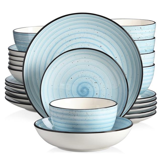 vancasso, Bonbon Blue Dinner Set, 24 Pieces Stoneware Dinnerware Set, Handpainted Spirals Pattern Ceramic Combination Set with Dinner Plates,Dessert Plates, Soup Plates and Bowls, Service for 6
